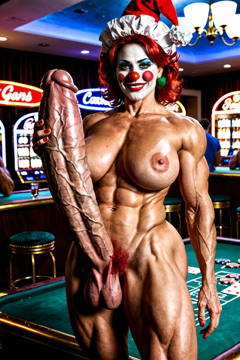 Clown Makeup Face, Clown Hat And Red Clown Hair, Impossibly Thick White Cock MILF AI Porn