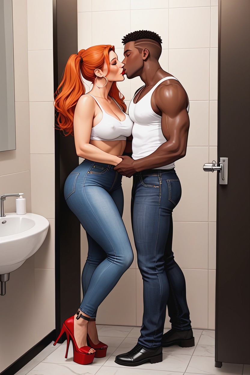 Couple Is Standing And Kissing, Twin Ponytails, Hourglass MILF AI Porn