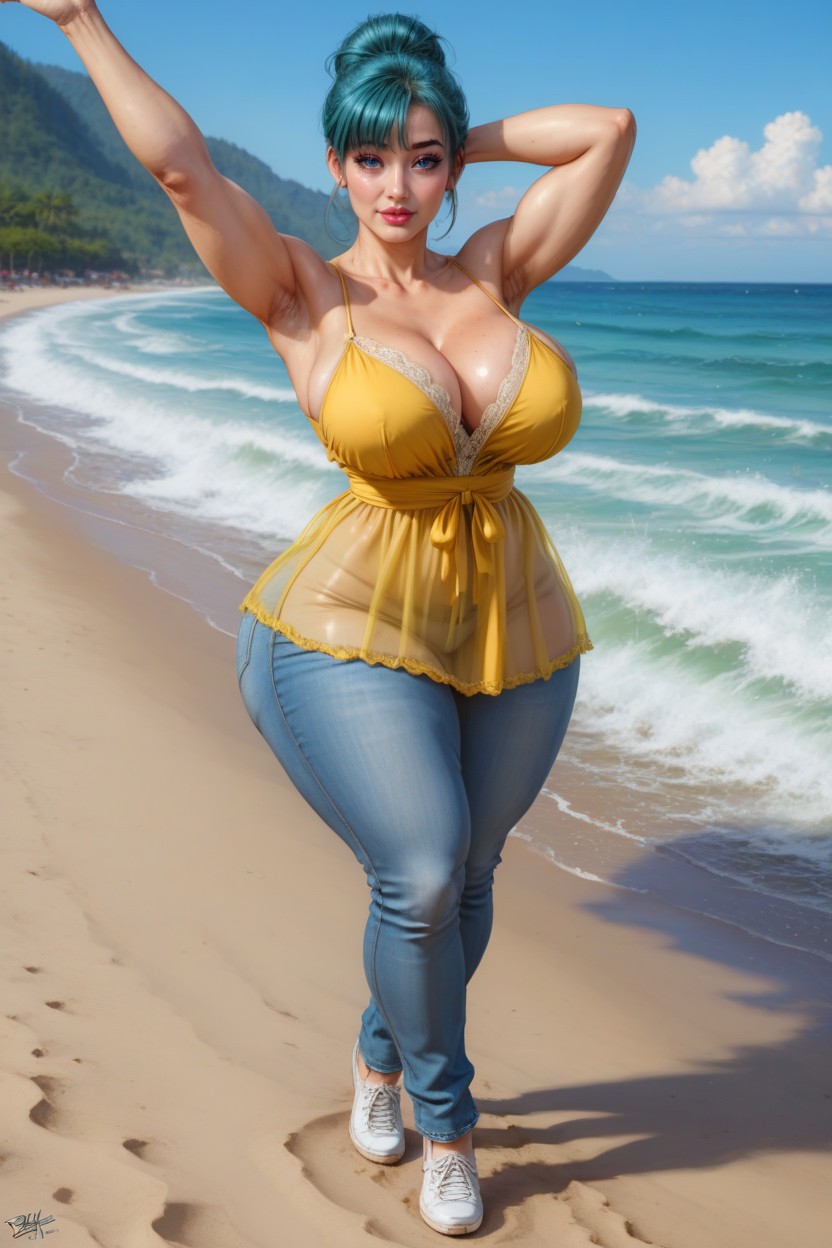 Big Hips, Long Transparent Gold Nightgown, Makeup MILF AI Porn