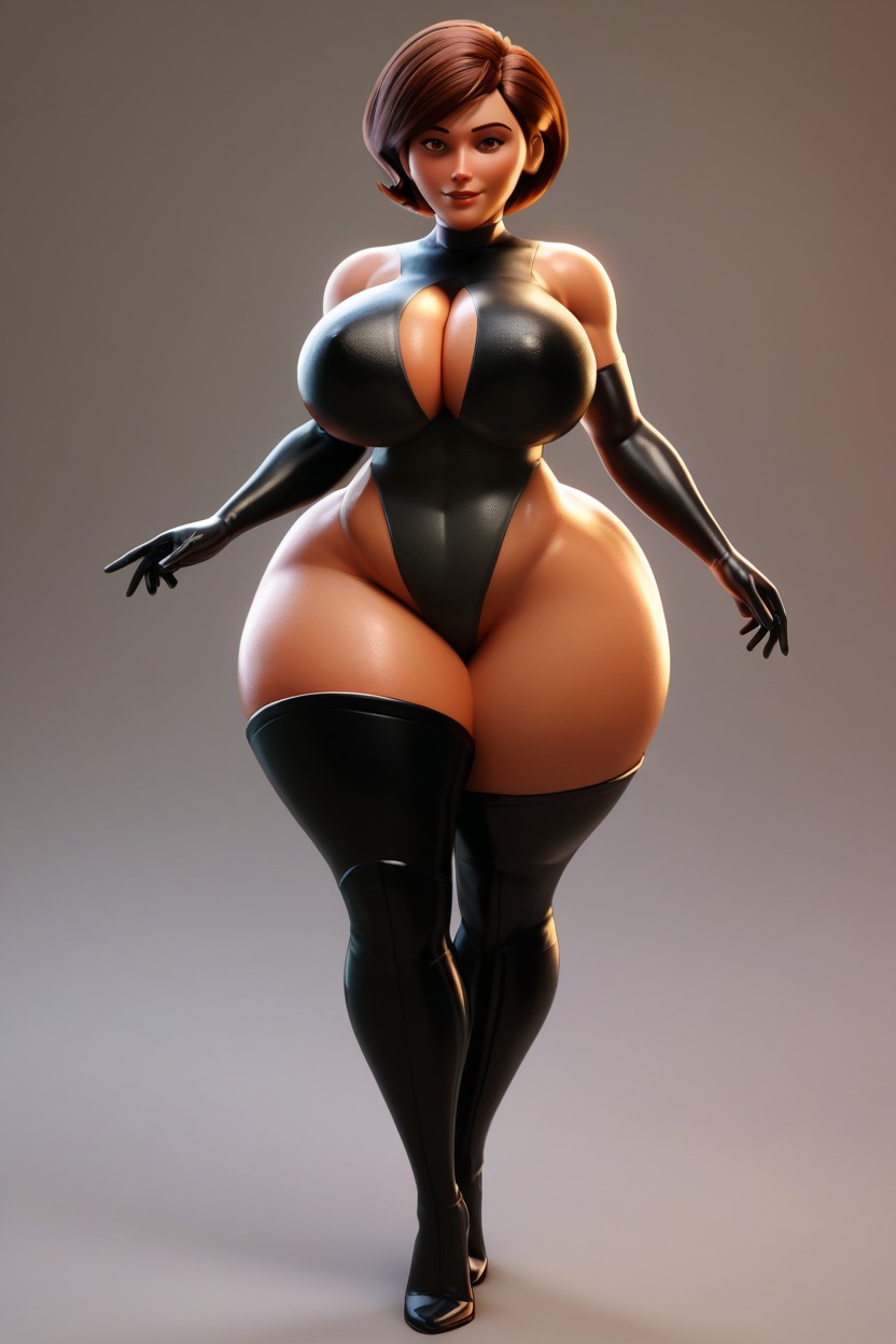 Big Wide Smile, Thick Thighs, Extremely Large Breasts MILF AI Porn