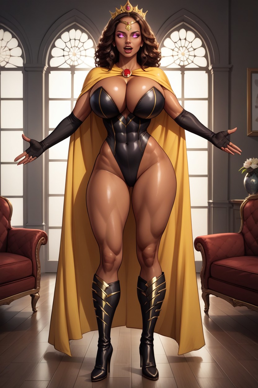 Standing Front Straight With Legs Spread Apart, Arms Spread, Corrupted Into An Evil Slutmom Queen MILF AI Porn