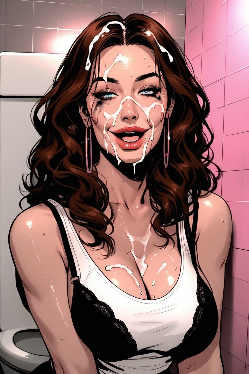 Skinny, Bathroom Stall, Gray Hues MILF AI Porn