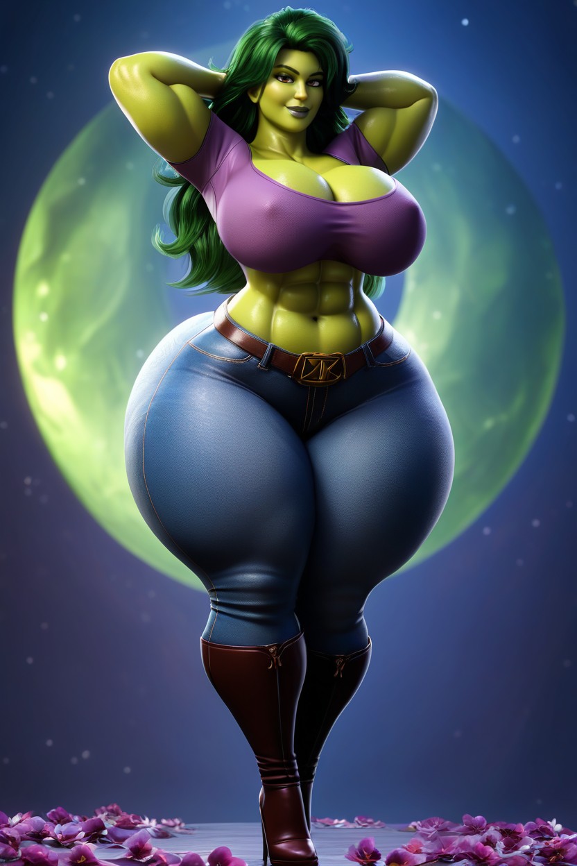 Green Skin, Purple Crop Top T-shirt, Jeans MILF AI Porn