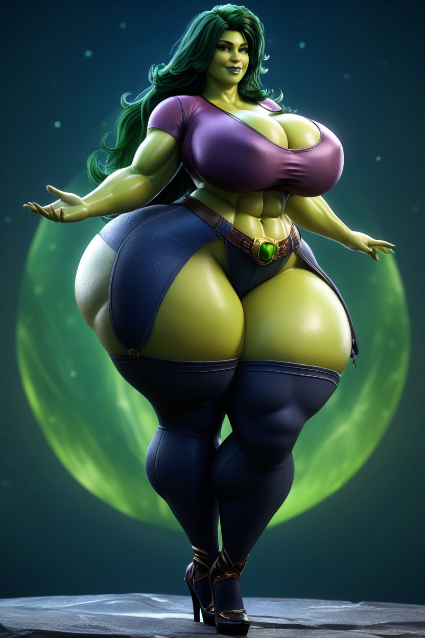 Extremely Large Breasts, Enormous Ass, Dark Green Hair MILF AI Porn