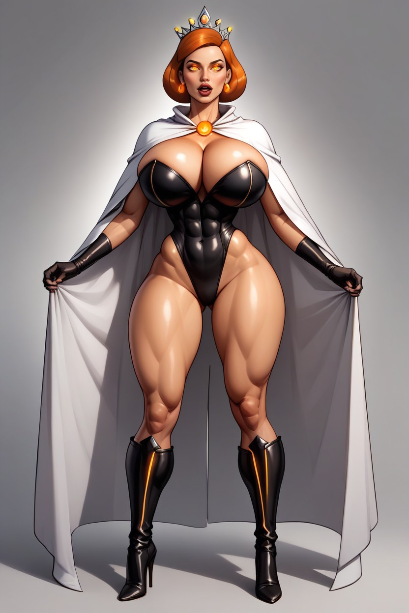 Standing Front Straight With Legs Spread Apart, Very Lusty Evil Expression, White Cape MILF AI Porn