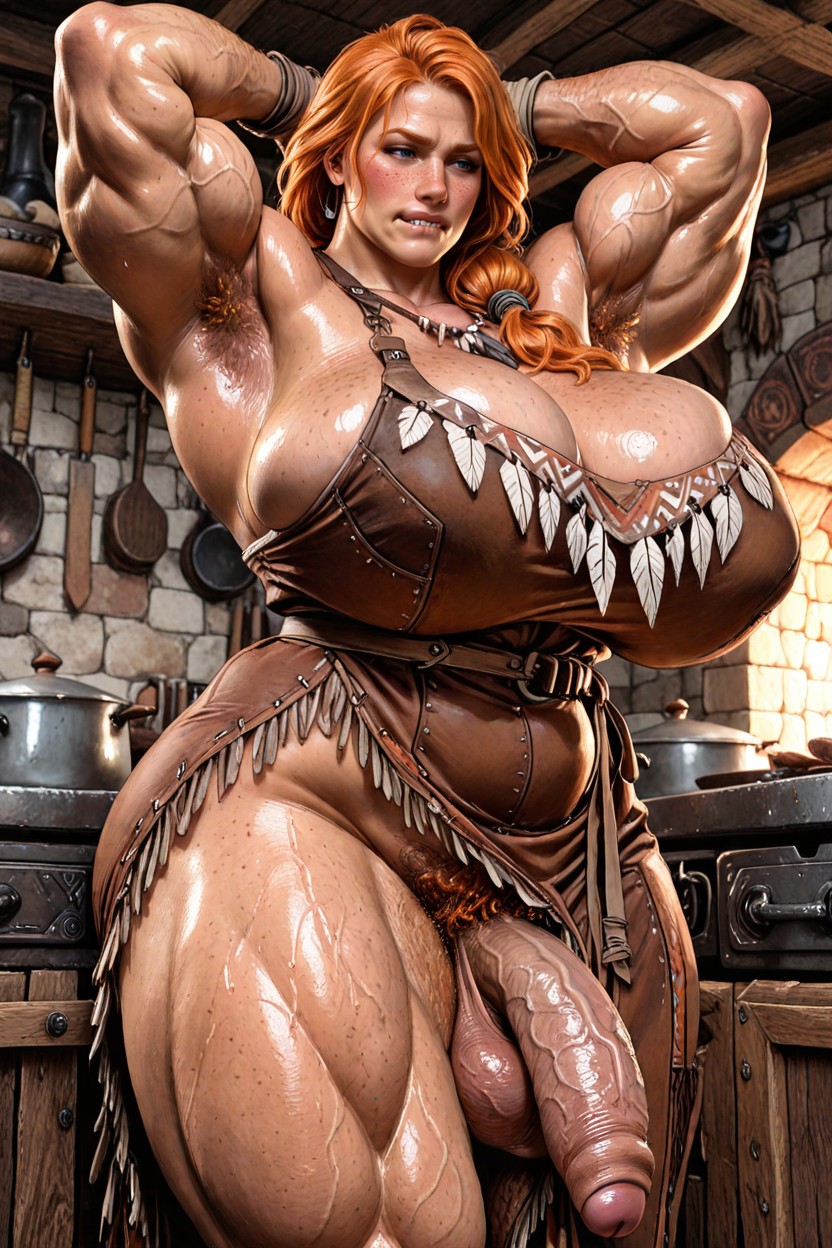 Hyper Gigantic Massive Muscular Woman, Gigantic Trapezius, Biting Lip MILF AI Porn
