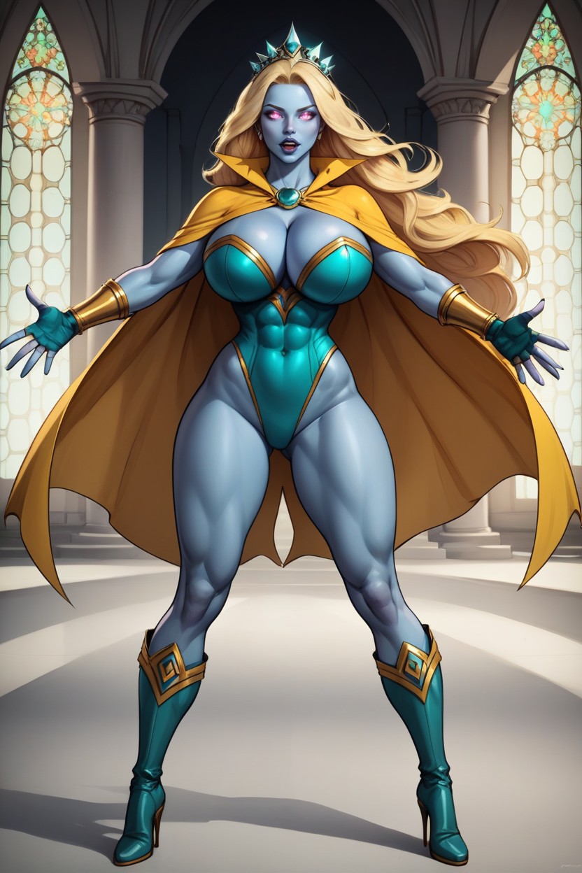 Mint Green Leotard, Blue Skin, Bright Yellow Cape MILF AI Porn