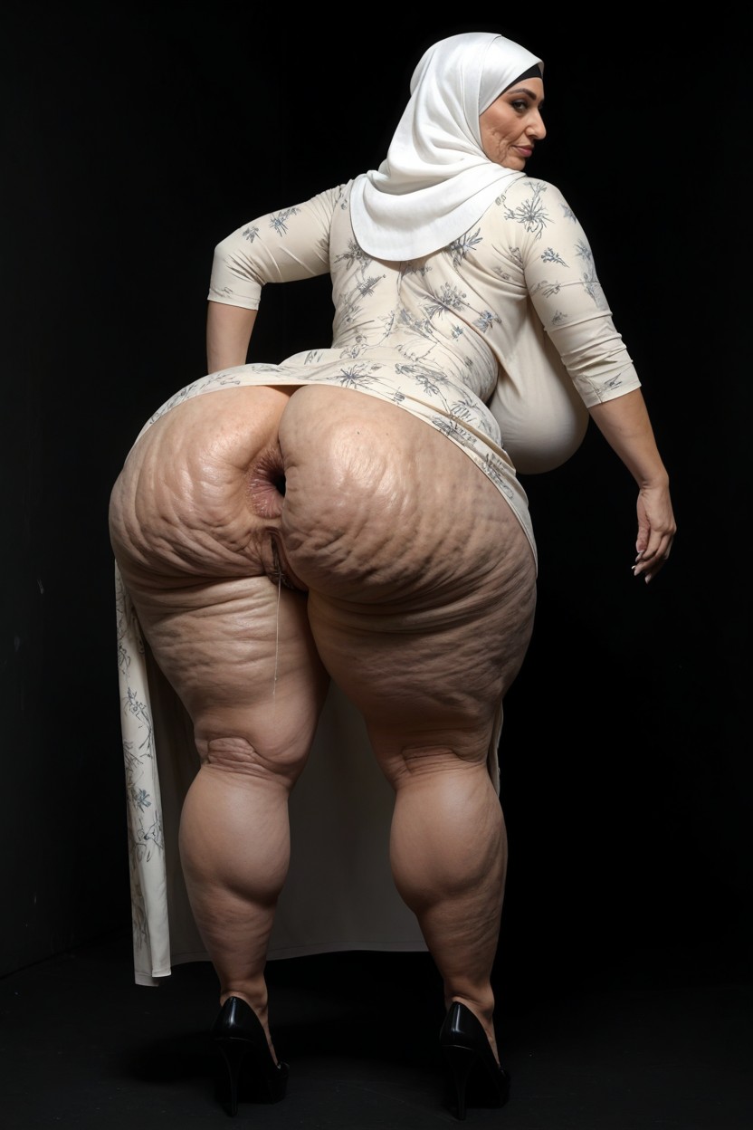 Standing In A Dark Room, Natural Breast, Full Body Hijab Printed Dress MILF AI Porn