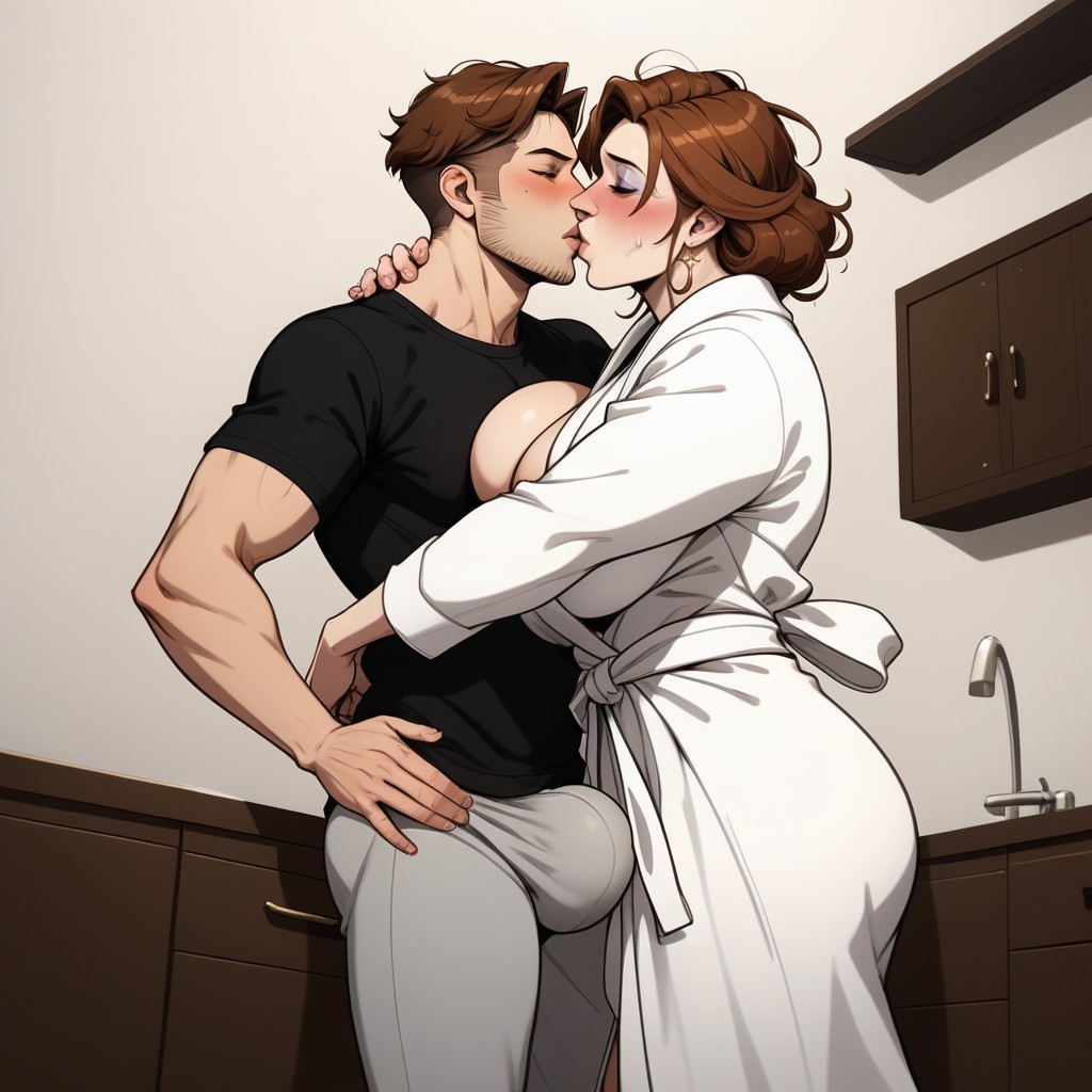 Kitchen Island, Taller Guy, Guy Is Taller MILF AI Porn