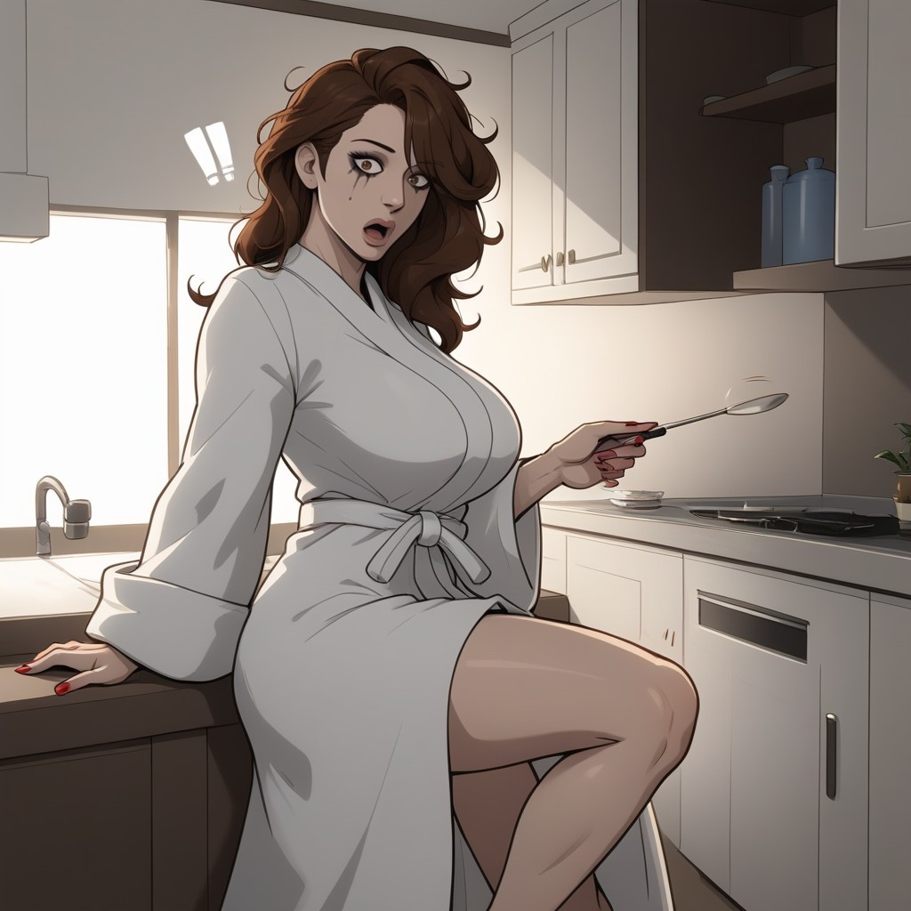 Kitchen Island, Knee Up, Bangs MILF AI Porn