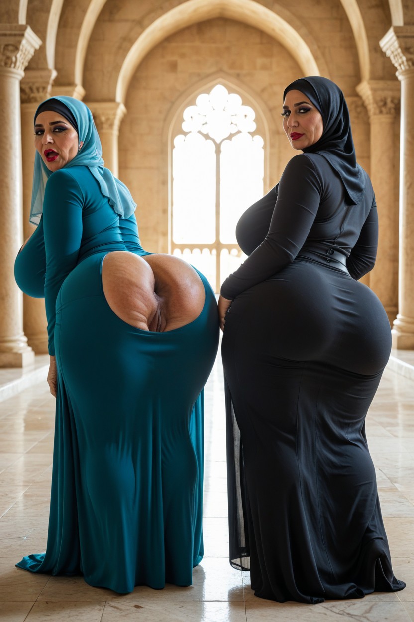 Eyeliner, Wearing Elegant Hijab Long Printed Dresses, Ssbbw MILF AI Porn