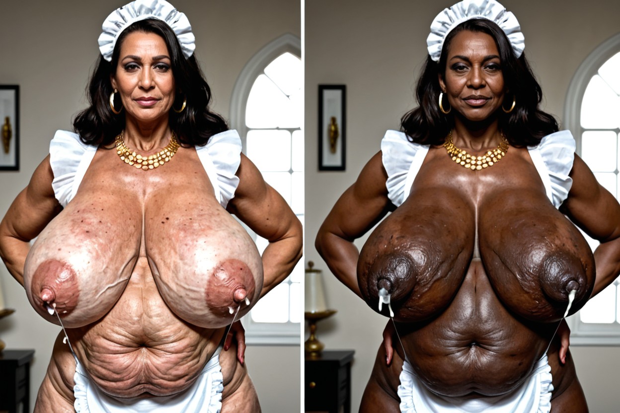 Front View, Unrealistic Saggy And Flabby Breasts, Gigantic Sagging Natural Breasts Bigger Than Her Body MILF AI Porn