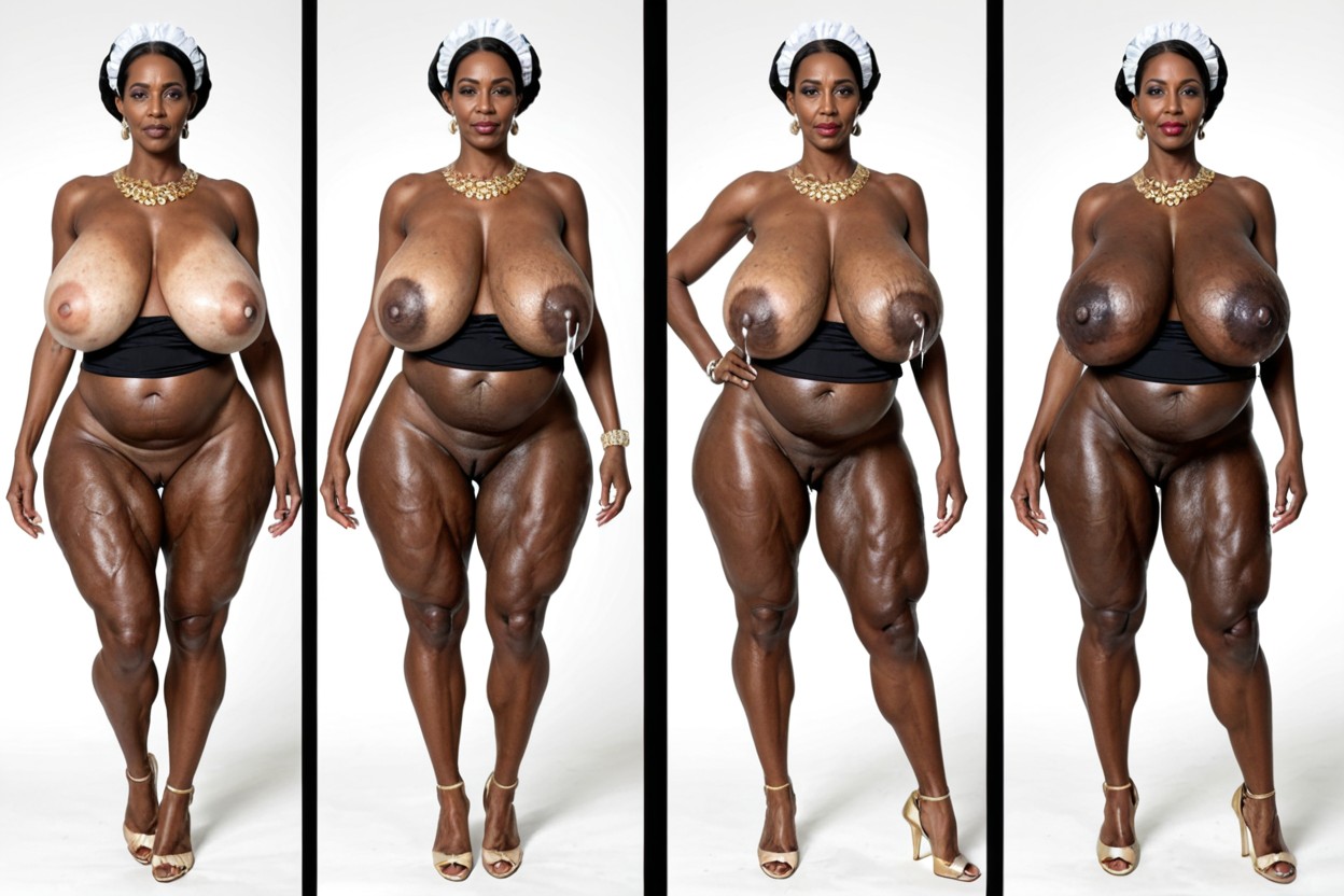 Gigantic Sagging Natural Breasts Bigger Than Her Body, Front View, Black Women MILF AI Porn