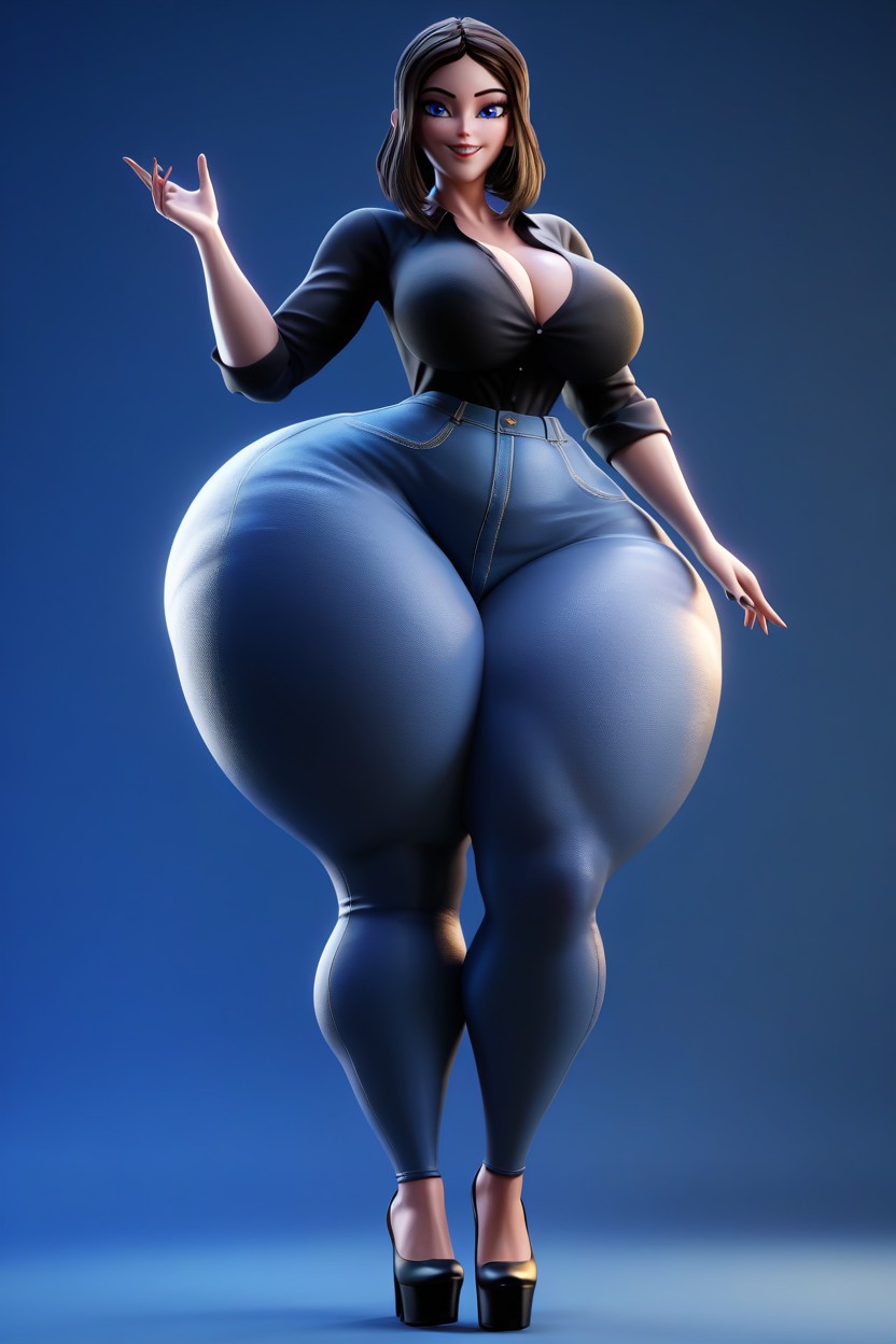 Extremely Large Ass, Black Platform High Heels, Jeans MILF AI Porn
