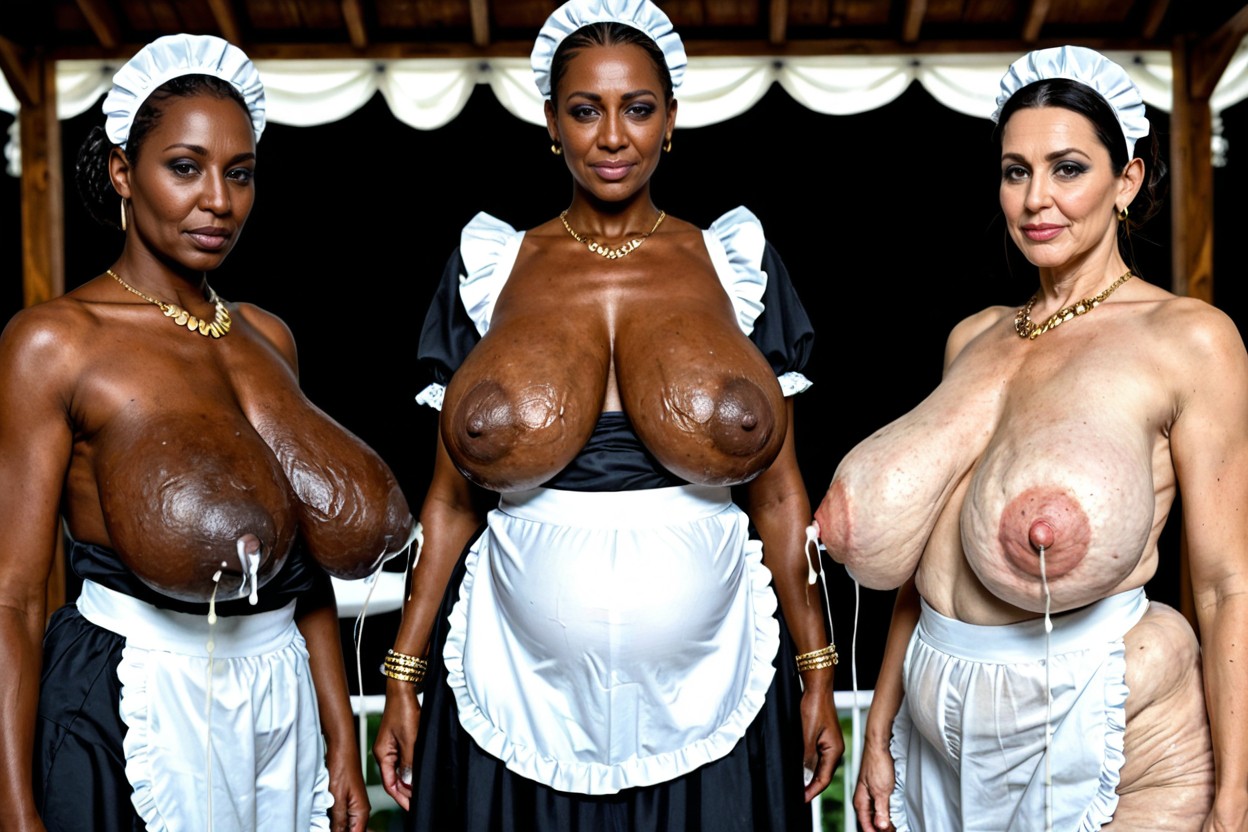 Hyper Saggy Breasts, Multiple Lactating Mature Females Side By Side Looking Down At Viewer, Colossal Hanging Droopy Breast MILF AI Porn