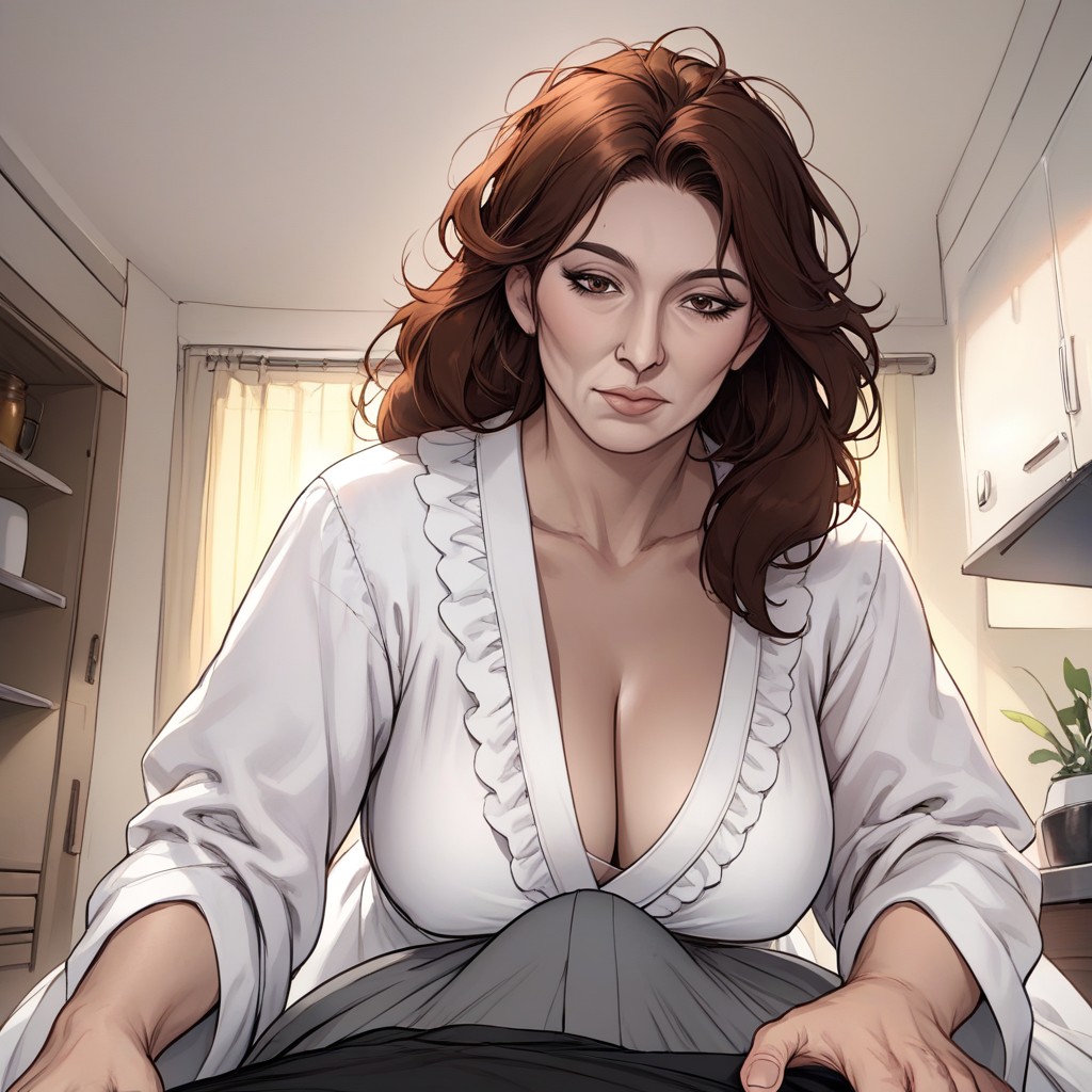 Male Looking Down At Gilf, Big Beautiful Round Eyes, Gilf Grabbing His Crotch MILF AI Porn