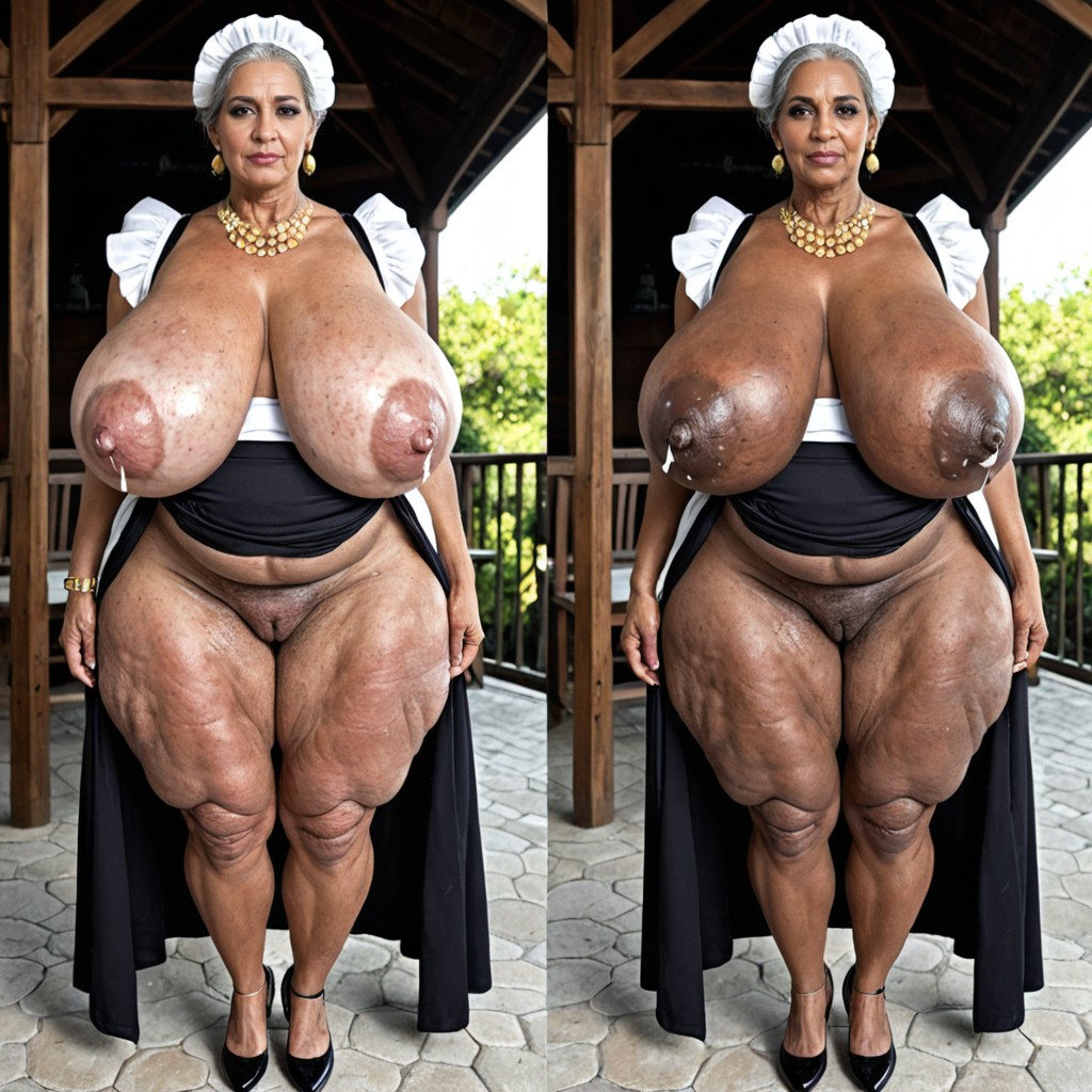 Pendulous Hanging Empty Droopy Breasts Bigger Than Torso, Extremely Ugly Face, Garter And Garter Belt MILF AI Porn