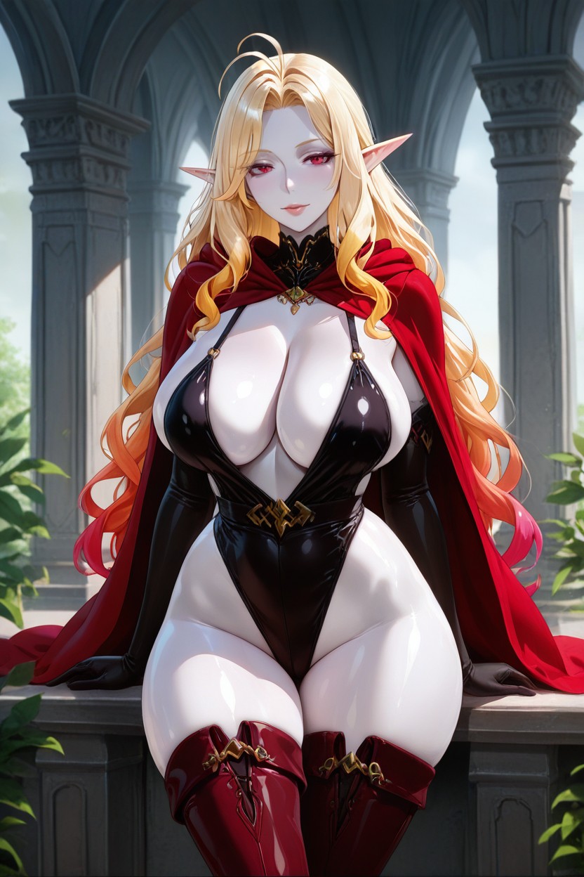 The Hair Reaches Past Her Waist And Frames Her Face With Soft Waves And A Few Antenna-like Strands, Revealing Bikini Style Clothing With Cape And Thigh-high Boots, Long Gloves MILF AI Porn