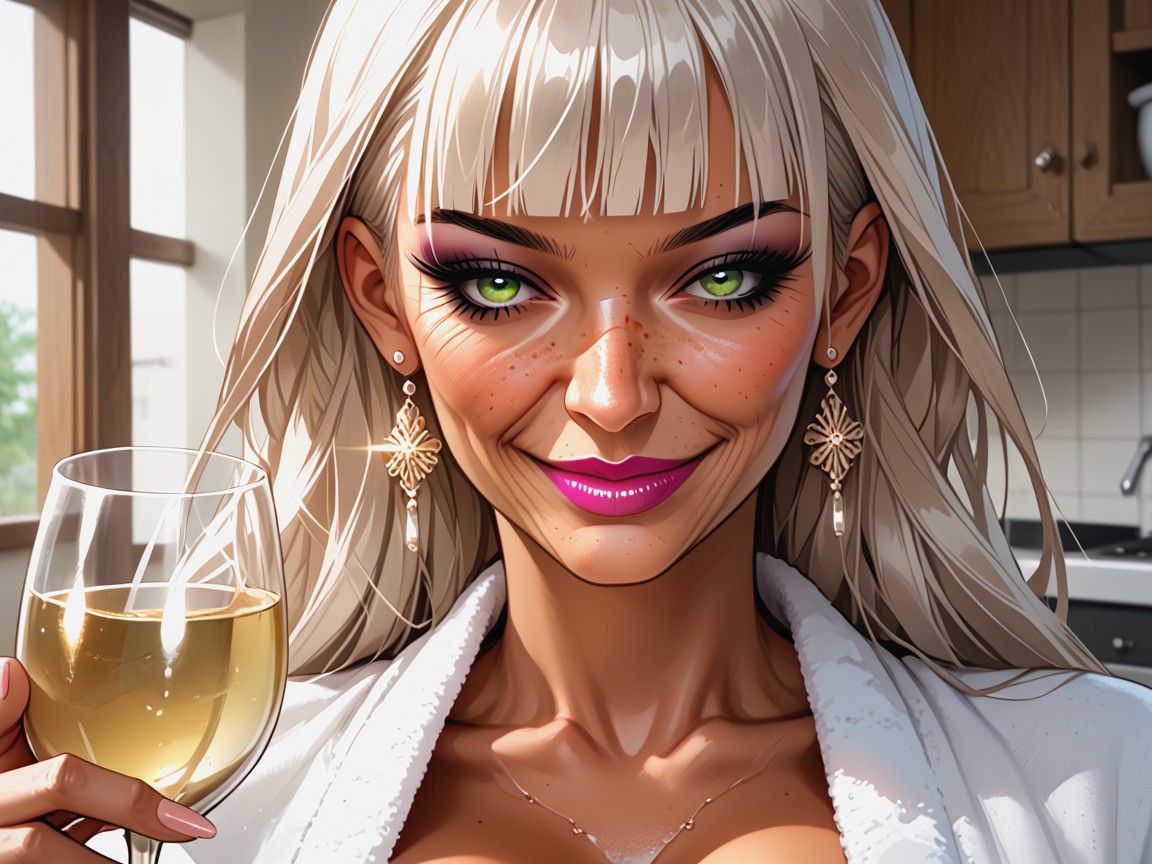 Holding Glass Of Water, Gigantic Fake Rounded Breasts, Front View MILF AI Porn