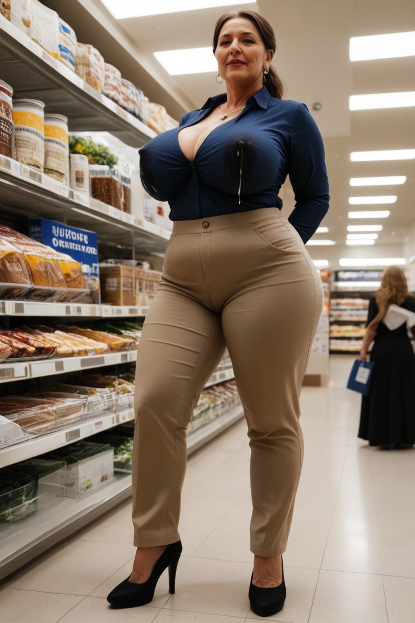 Wearing Light Beige Office Pants, Wearing Black Shoes, Grocery MILF AI Porn