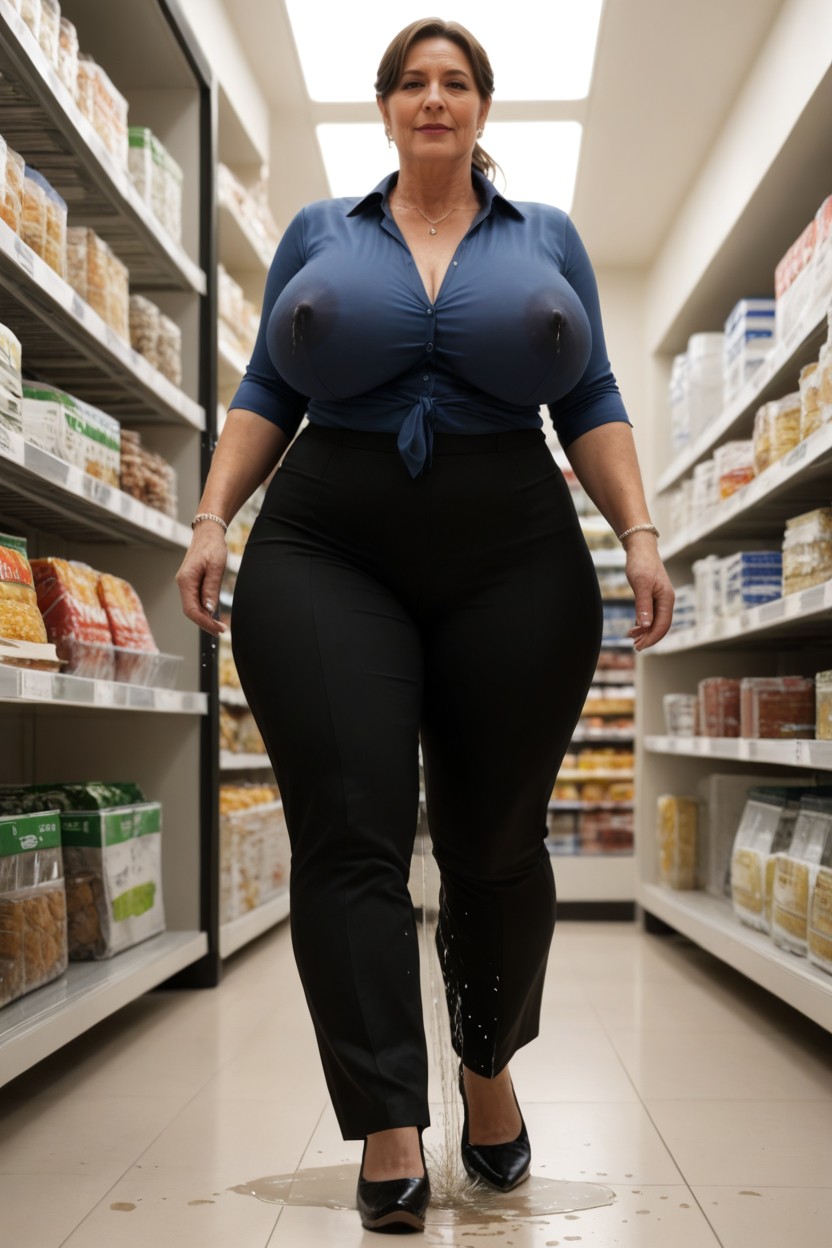 Massive Breast Under Shirt, Grocery, Wearing Dark Blue Shirt MILF AI Porn