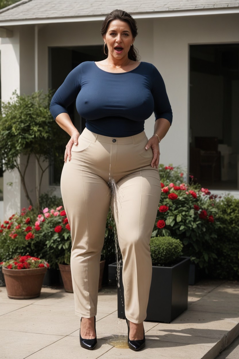 Mature Woman, Wet Puddle On Ground Underneath Woman, Massive Ass MILF AI Porn