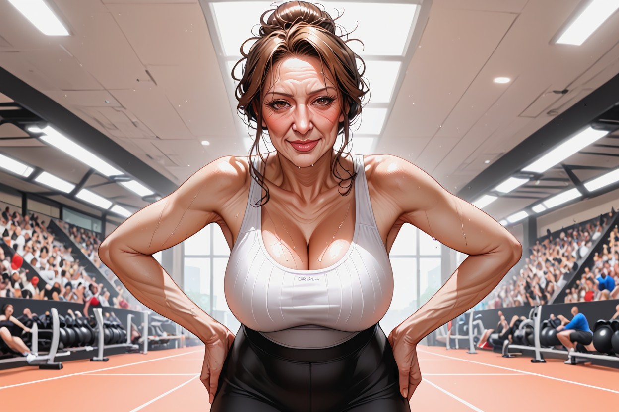 Black High Waist Yoga Pants, Background Crowd Wearing Random Gym Attire, Sweaty MILF AI Porn
