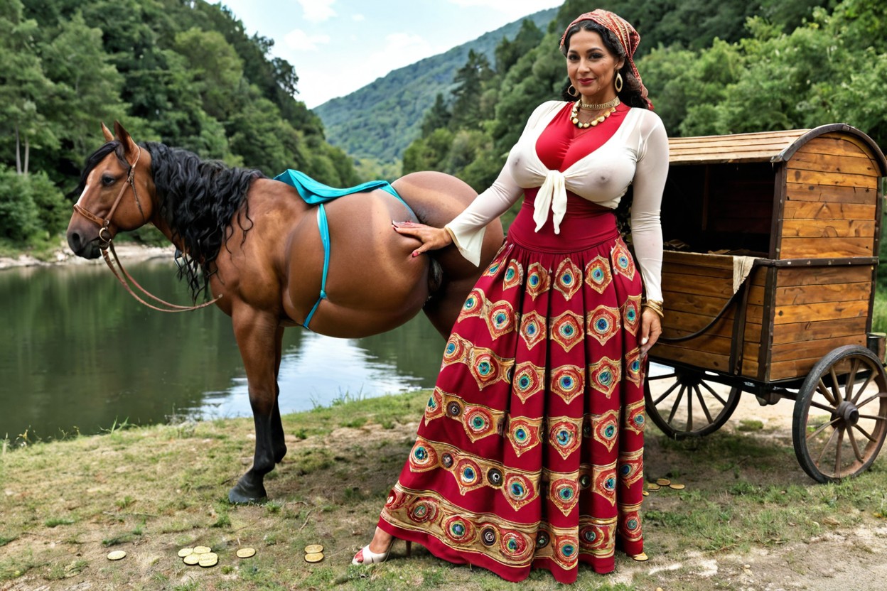 Mature Woman, Ethnic Gypsy Bib Coins Choker Necklace, Form Fitting Clothes MILF AI Porn