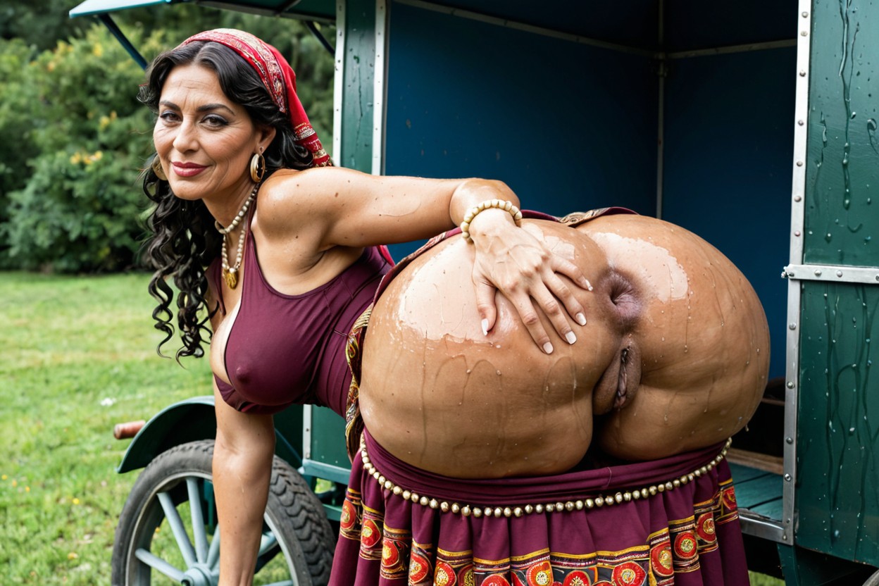 Traditional Gypsy Headscarf With Coins, Cart, Hyper Hourglass Body MILF AI Porn
