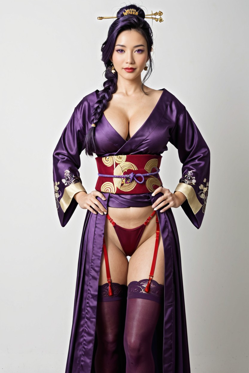 The Mitsudomoe Emblem On Her Collarbone And The Back Of Her Outfit Glows Brightly When Her Elemental Burst Is Ready, She Wears A Striking Gold Hairpin Adorned With A Purple Fan And A Blooming Glaze Lilyor A Stylized Violet Crestwith Flowing Tassels, Crimson Porno MILF IA