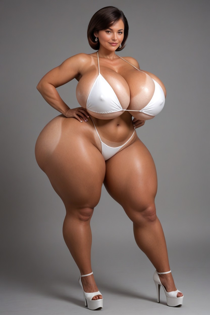 White Bikini Bottom, Hourglass Figure, Brunette MILF AI Porn