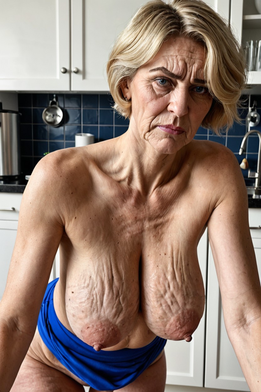 Extremely Low Hanging And Empty Large Breasts, Blue Eyes, Old Saggy Arms MILF AI Porn