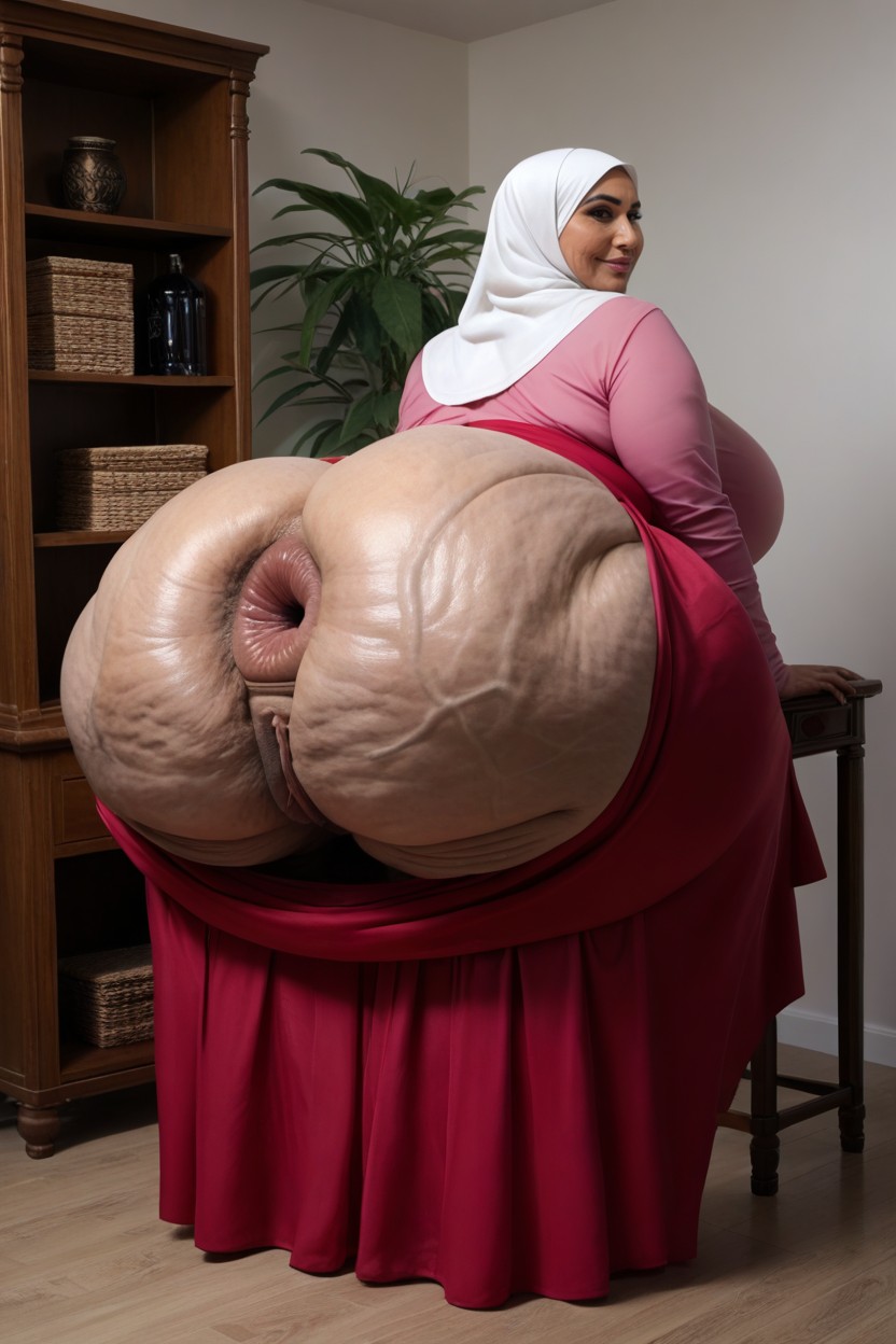 Persian Mature Pink Scrunch Butt Long Skirt Hijab Dress, Ultra Large Anus, Persian Mature Huge Wide Deep Bulging Ass Cheeks MILF AI Porn