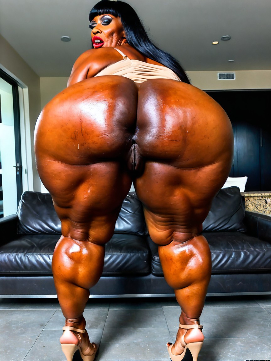 Gaping Anus, Her Giant Viny Sagging Tits Are Showing, Dark Brown Skin MILF AI Porn