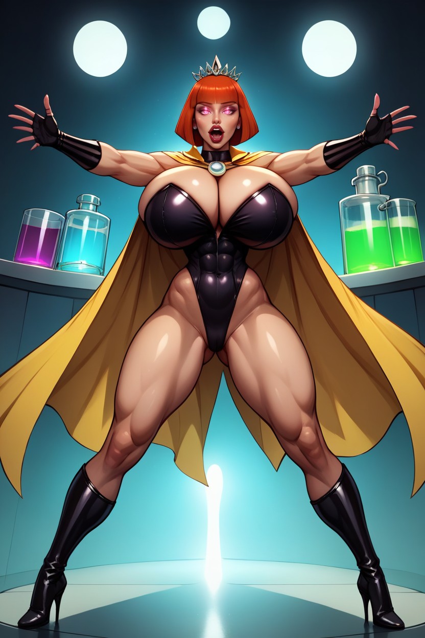 Standing Front Straight With Legs Spread Apart, Very Lusty Evil Expression, Medium Breast MILF AI Porn