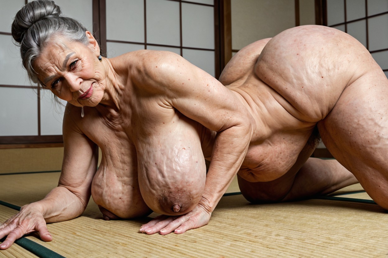 Dogeza, Elderly Fit Figure With Massive Stretched Sagging Breasts, Only Female Genitalia MILF AI Porn