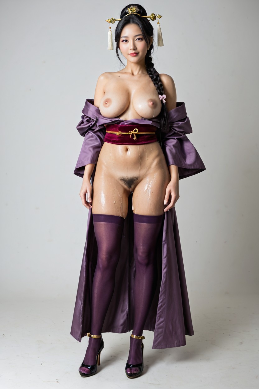 Voluminous Braided Ponytail That Cascades Down Her Back, Dark Purple Obi Sash Fastened With A Heavy Crimson Cord Attached To The Back Of The Belt Is An Oversized, Very Tall MILF AI Porn
