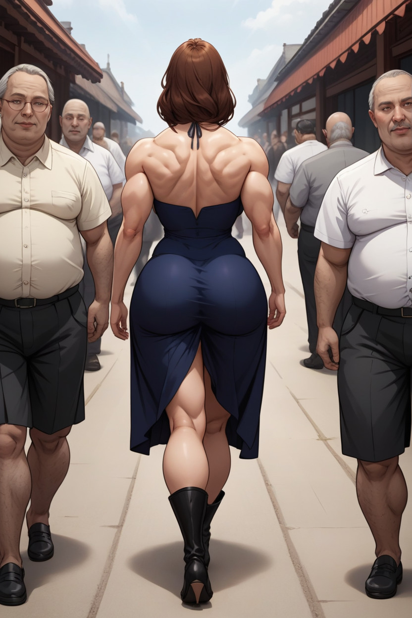 Dress Group Of Fat Old Men Walking Away From Woman With Ass Facing, Tattooed Completely, Woman Wearing Skirt MILF AI Porn