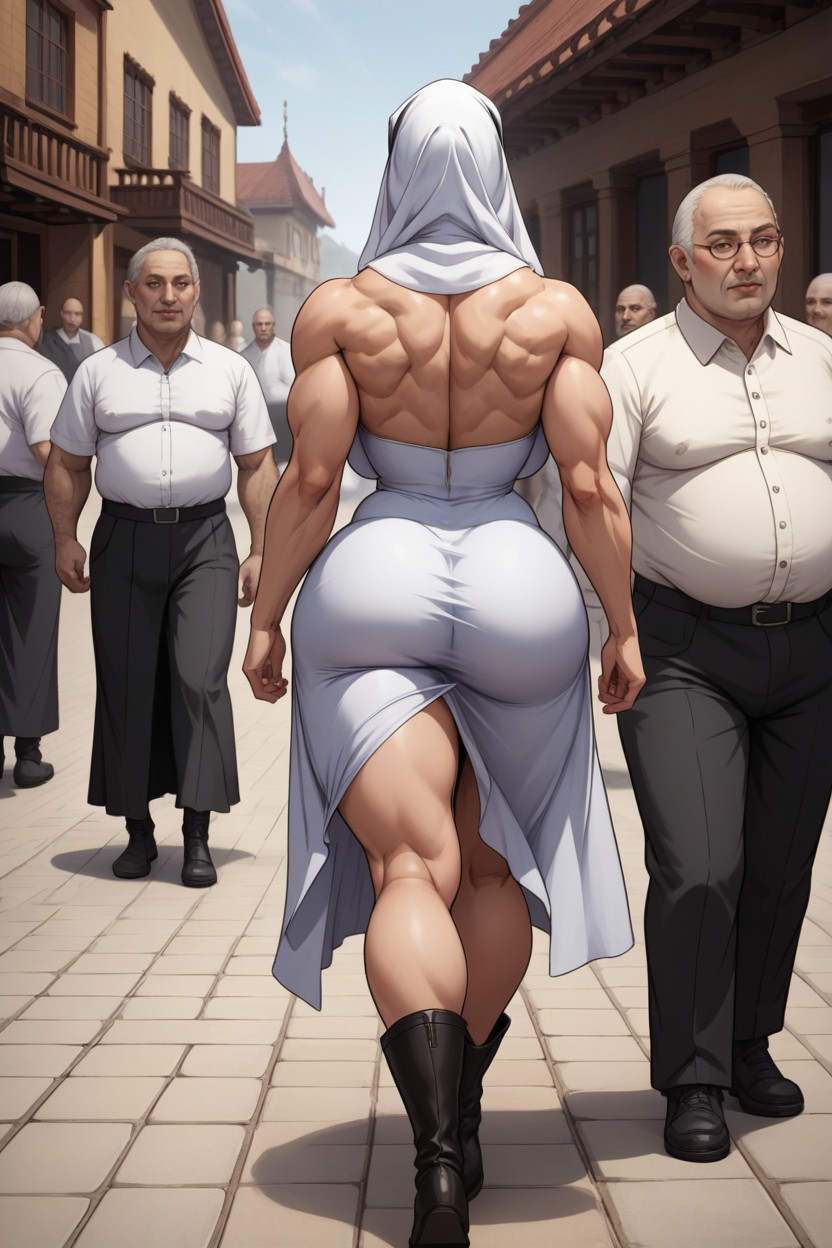Dress Fat Old Men Walking Away From Woman With Ass Facing While Stroking, Woman Wearing Skirt, Well Developed Muscles Porno MILF IA
