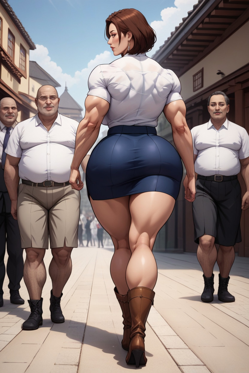 Woman Wearing Skirt Ugly Fat Old Men Walking Away From Woman With Big Ass Facing, Woman Wearing Skirt Crowd Of Ugly Fat Old Men Walking Away From Woman With Big Ass Facing Them, Front View MILF AI Porn