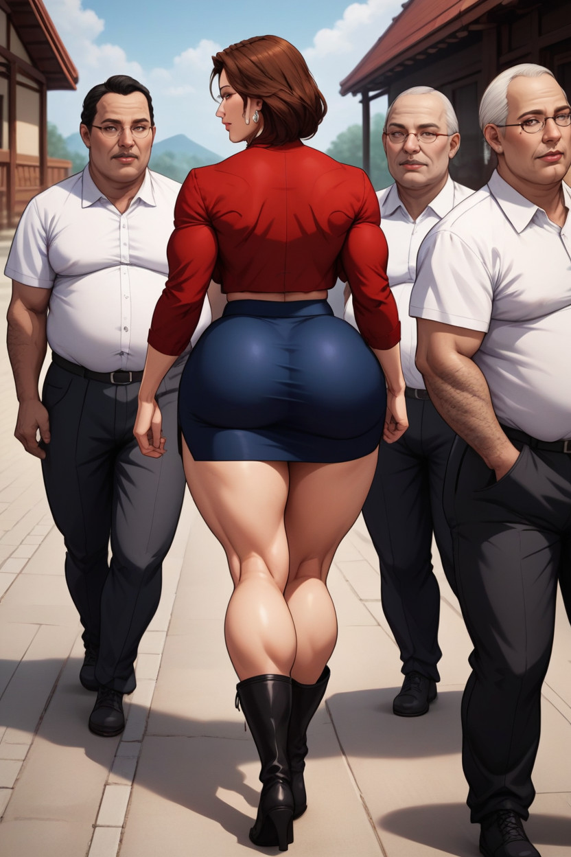 Full Body, Woman Wearing Skirt Group Of Ugly Old Men Walking Away From Woman With Big Ass Facing While Groping, Medium Breast MILF AI Porn