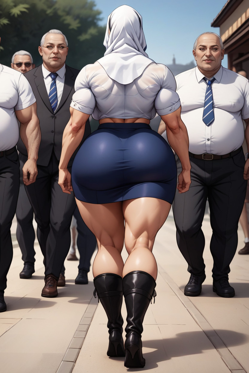 Hwell Developed Muscles, Huge Muscle-mass, Woman Wearing Skirt Fat Old Men Walking Away From Woman With Big Ass Facing Them MILF AI Porn