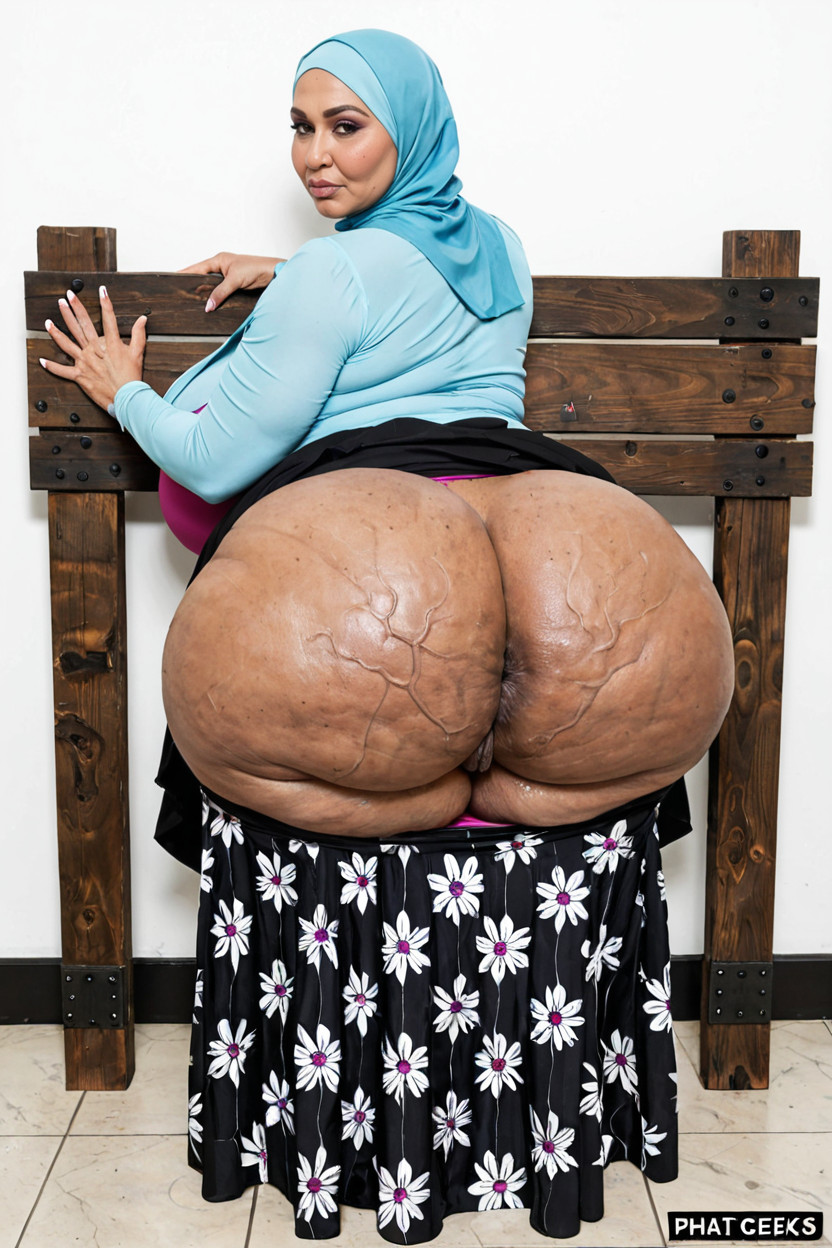 Tight Stretchy Fabric Black Floral Bodycon Long Skirt, Hyper Enormous Juicy Donkey Ass, Hyper Obese Ass MILF AI Porn