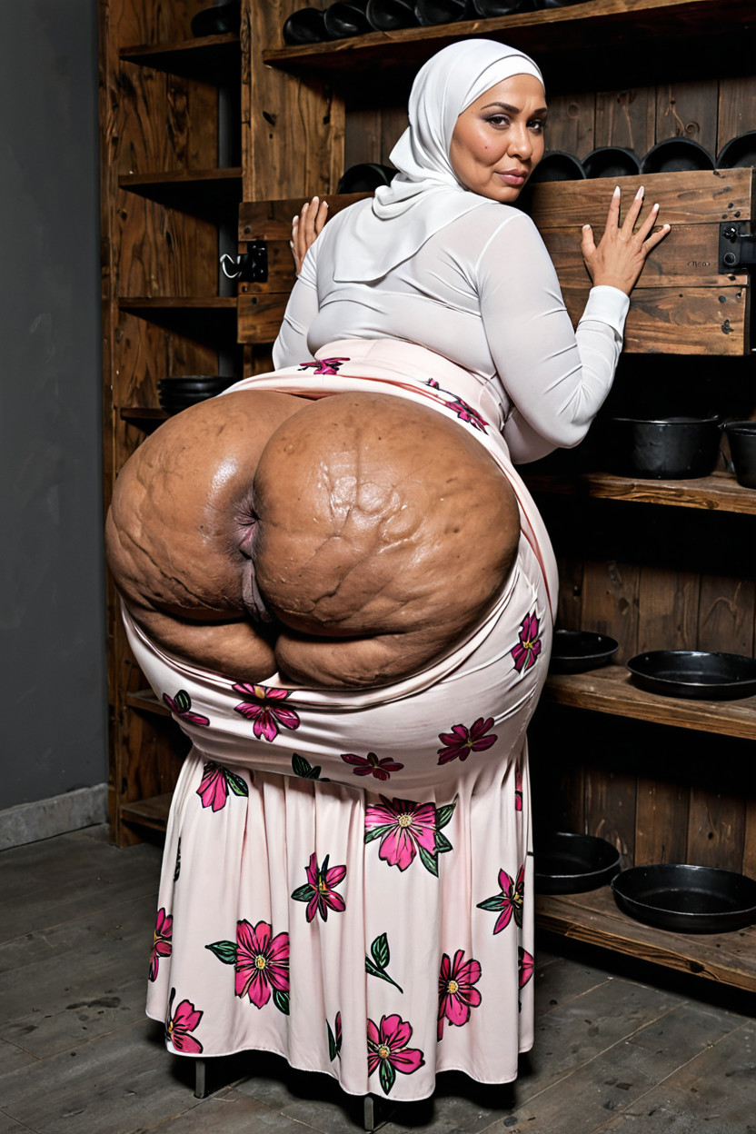 Hyper Saggy Tits, Full Body, Pink Scrunch Butt Long Skirt Hijab Dress MILF AI Porn