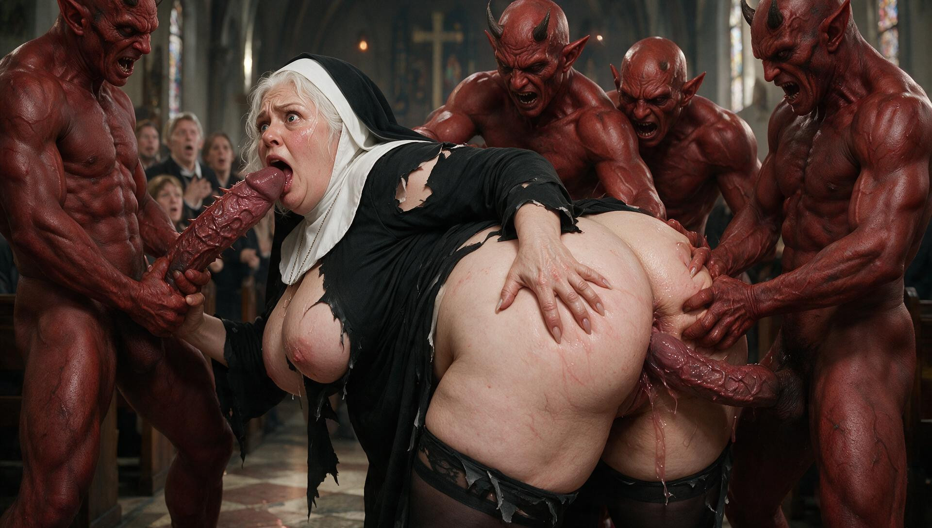 Embarrassed , Veiny Demon Cock Deeply Into Her Mouth, Veiny Penises They Are Fucking Her Deeply In The Pussy And Ass With Spiky MILF AI Porn