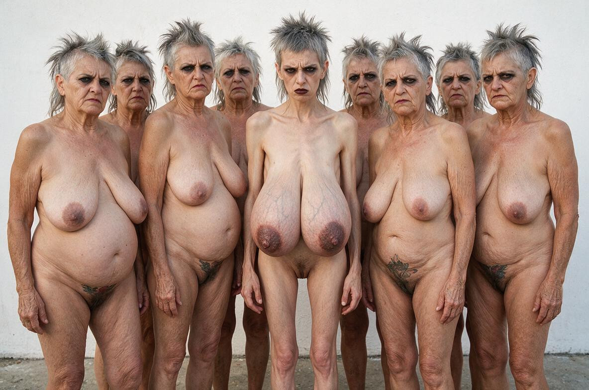 美國人, Hyper Saggy And Loose Breasts With Stretch Marks, Standing On Concrete In Front Of White Wall 熟女AI成人